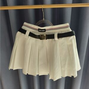 Miu Miu White Pleated Mini Skirt with Black Belt